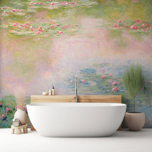 Lily Pond By Claude Monet Wallpaper In Bathroom With White Bathtub And Green & Beige Plants With Wooden Backing