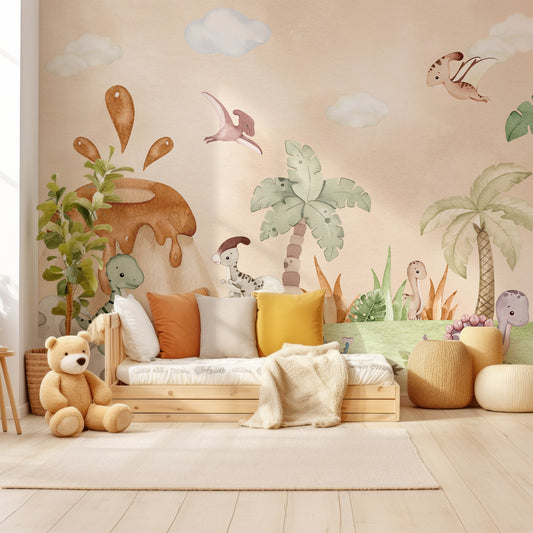 Littlefoot In Child's Bedroom With Wooden Bed With Red, Beige And Yellow Cushions, Teddy Bear