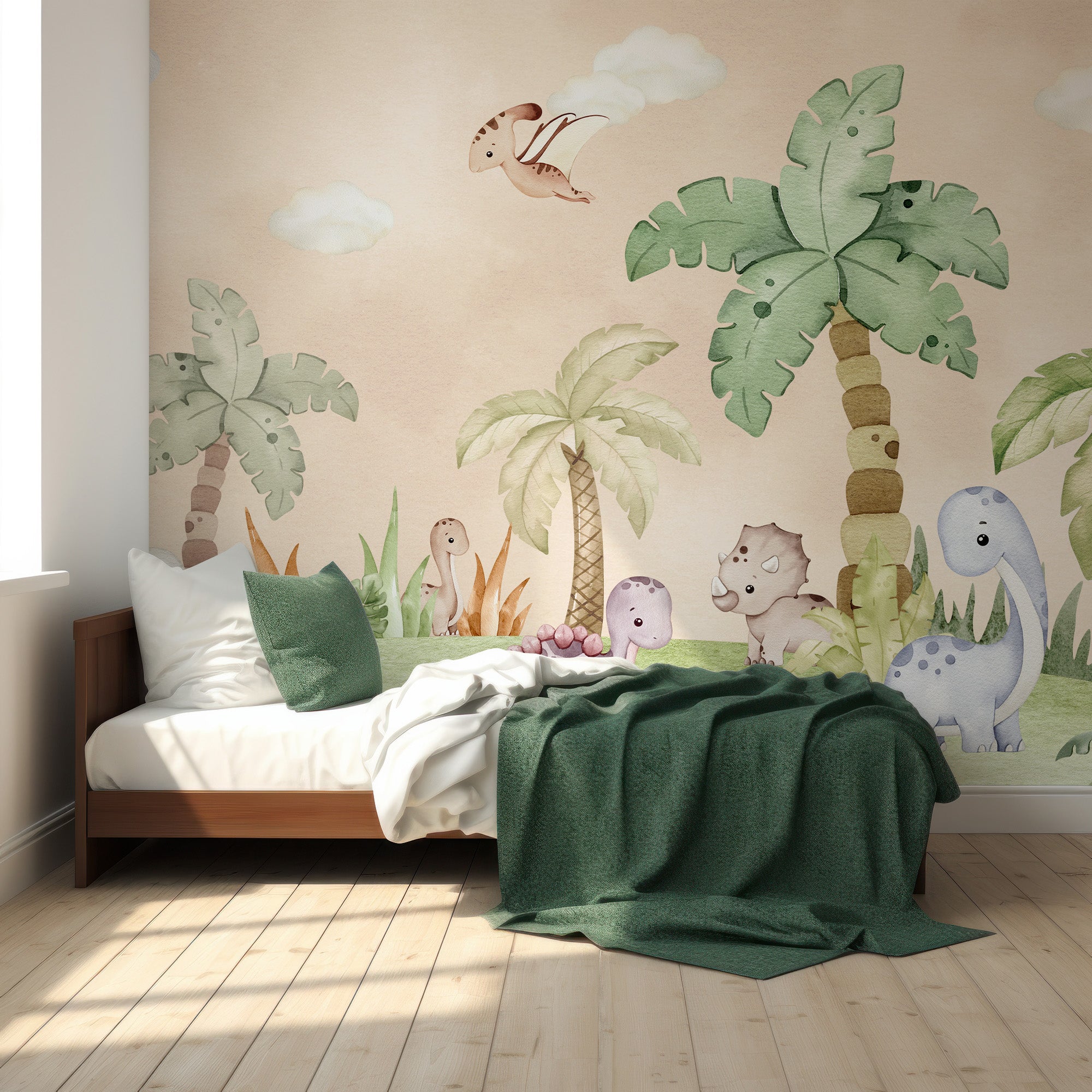 Wall Mural - Cute Watercolour Dinosaur Children's - Removable Vinyl (Peel & Stick) - Made to Measure