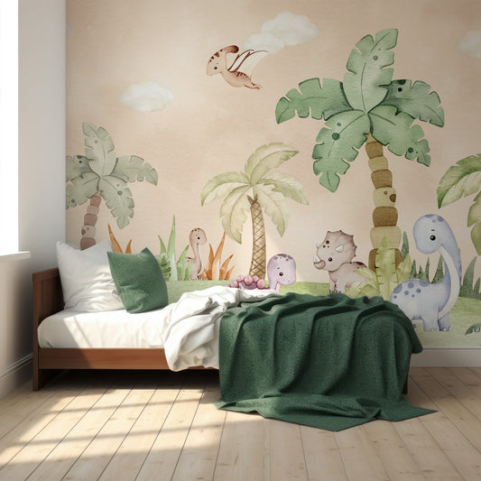Littlefoot In Kid's Bedroom With Wooden Bed and White And Dark Green Blankets