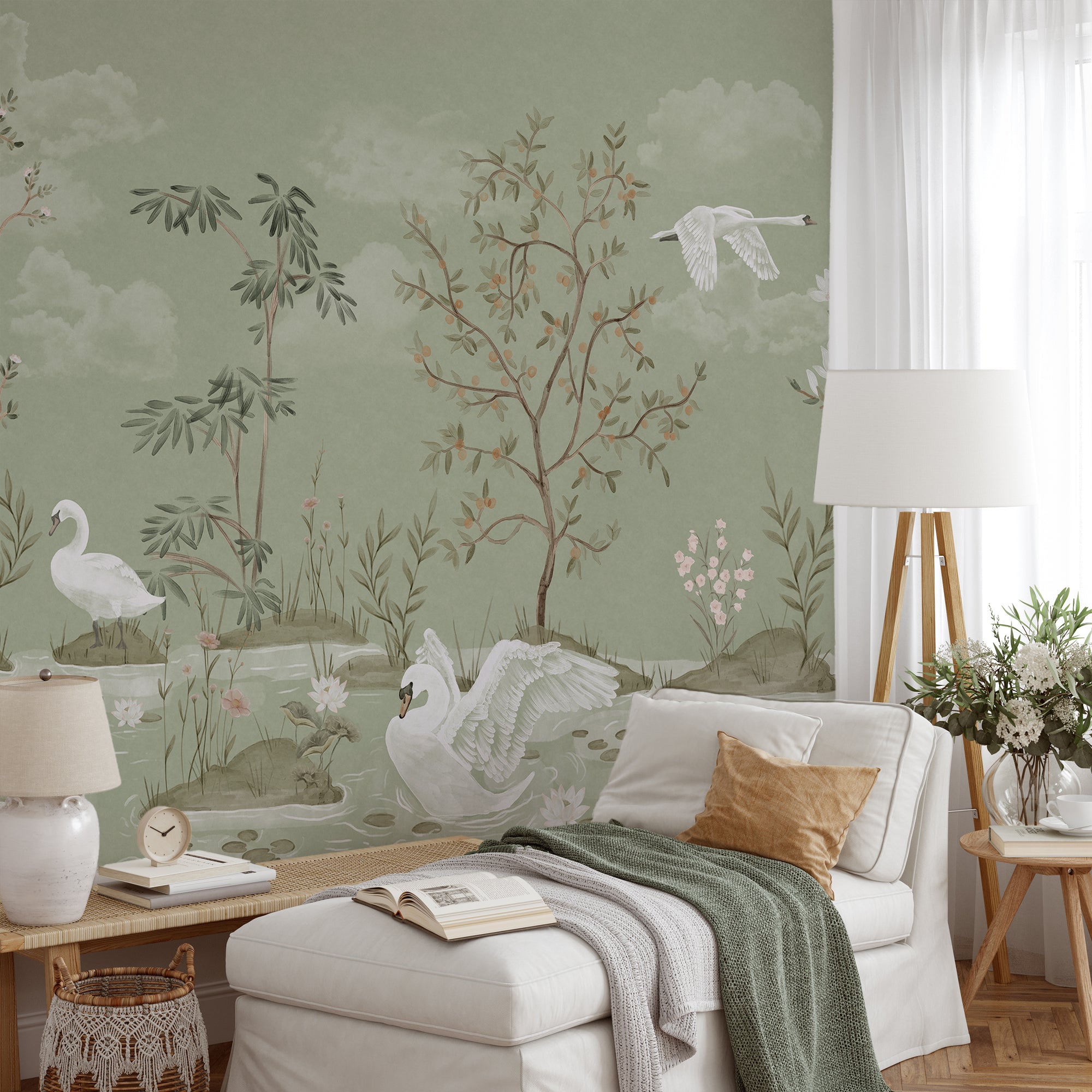 Wall Mural - Sage Green Swan Lake Scene - Traditional Wallpaper (Paste-the-wall) - Made to Measure