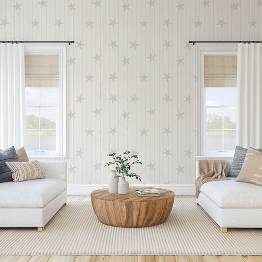 Cove - Green Pinstripe Starfish Wallpaper Mural