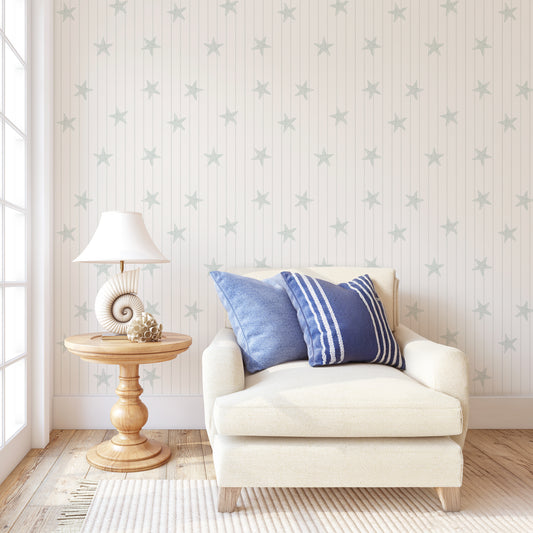 Cove - Green Pinstripe Starfish Wallpaper Mural