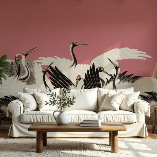 A styled living room featuring a large wall mural of white and black cranes on a dusty rose pink background, behind a cream-colored fabric sofa with matching pillows and a wooden coffee table in front.