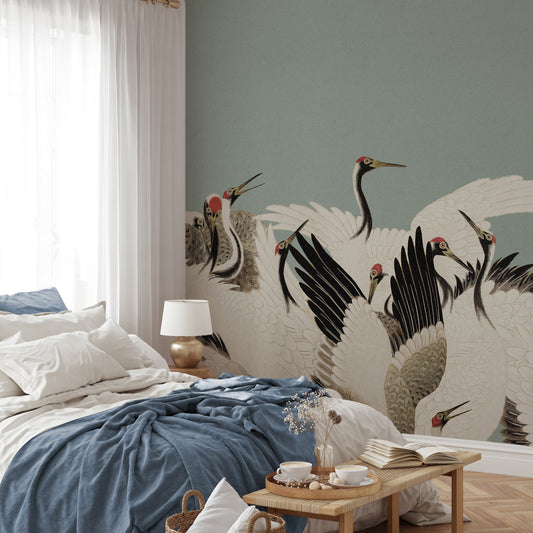 Haruka – Papier peint panoramique vintage bleu à motif de grues japonaises