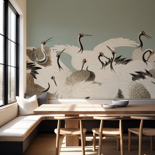 Haruka – Papier peint panoramique vintage bleu à motif de grues japonaises