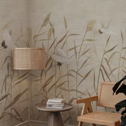 Hisako – Papier peint panoramique élégant représentant une grue blanche