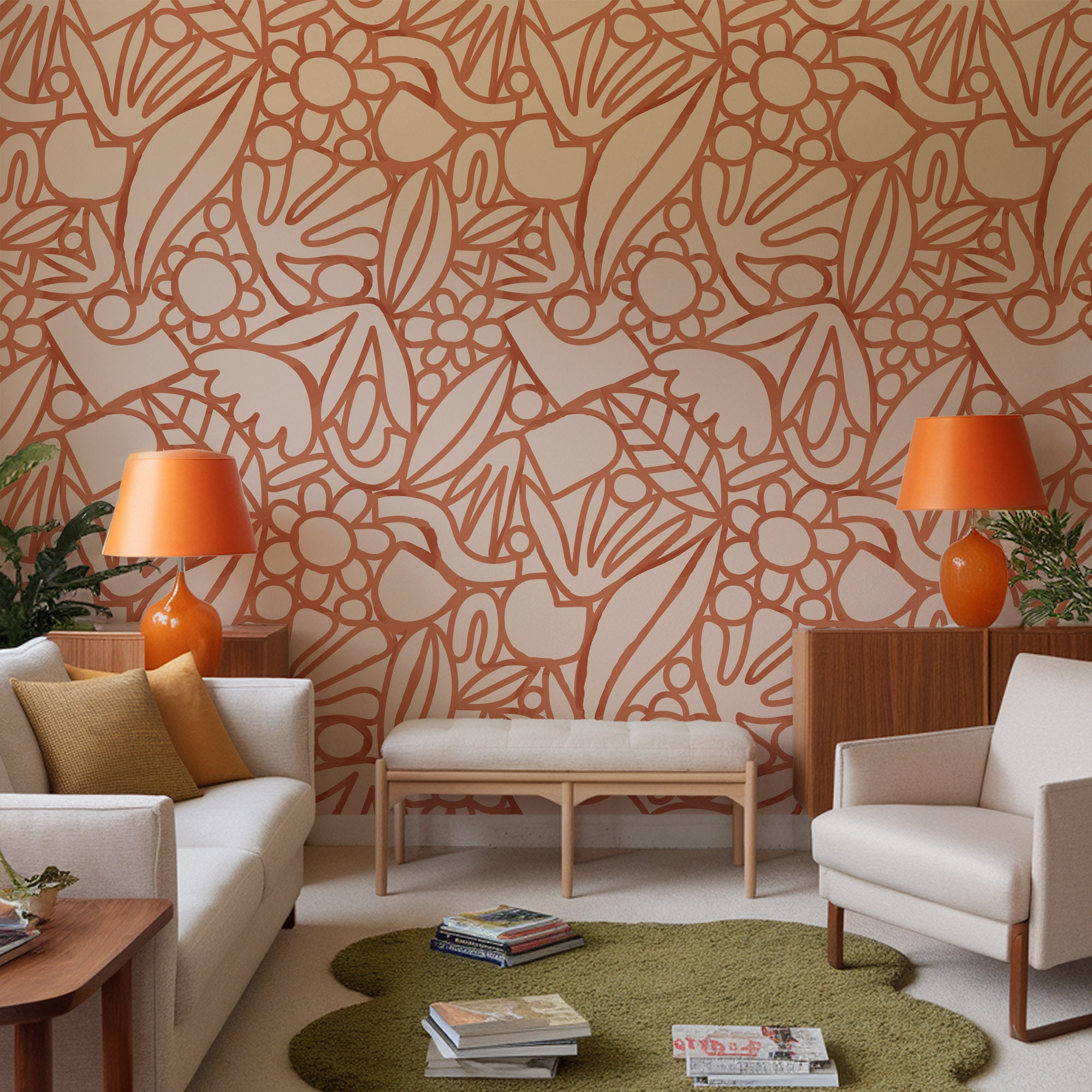 Wall Mural - Orange Floral Doodle - Traditional Wallpaper (Paste-the-Wall) - Made to Measure