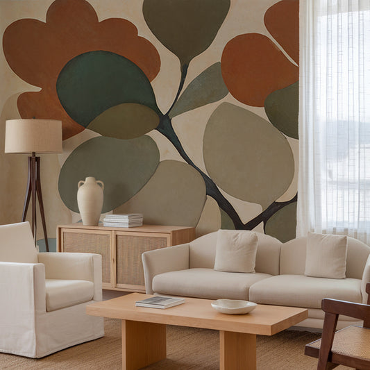 Living room with beige sofa, armchair, and coffee table against a floral wall mural.