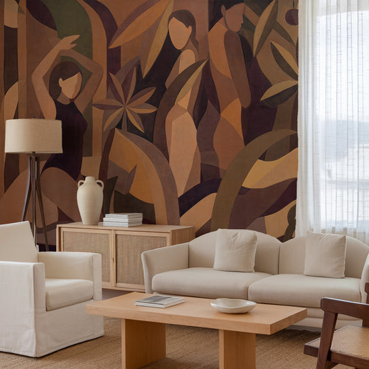 Living room with beige sofa, armchair, and coffee table against a decorative wall mural.