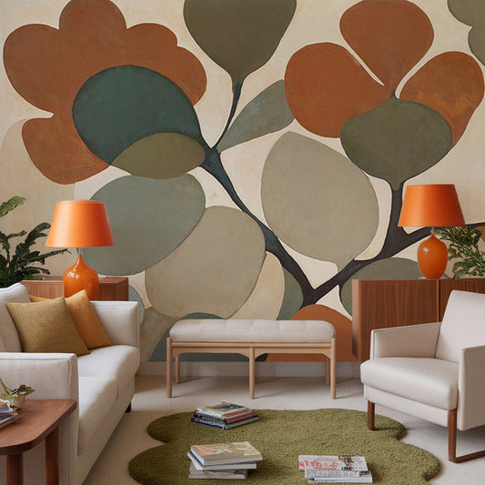 Modern living room with a large floral wall mural, white furniture, and orange lamps.
