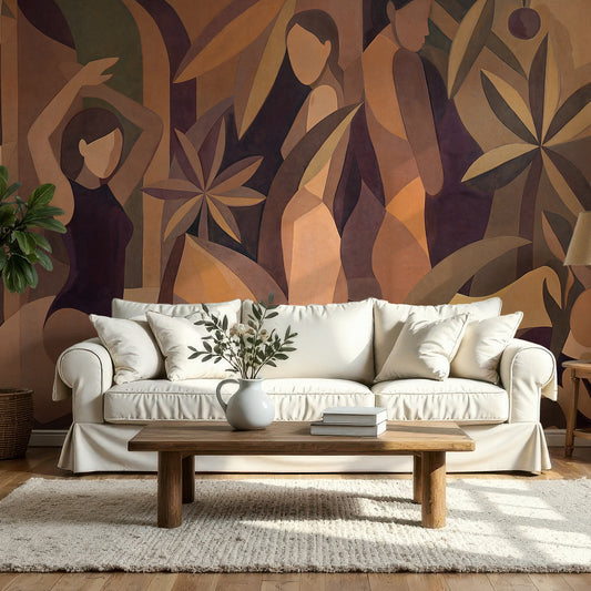 Living room with a white sofa, wooden coffee table, and abstract mural on the wall.