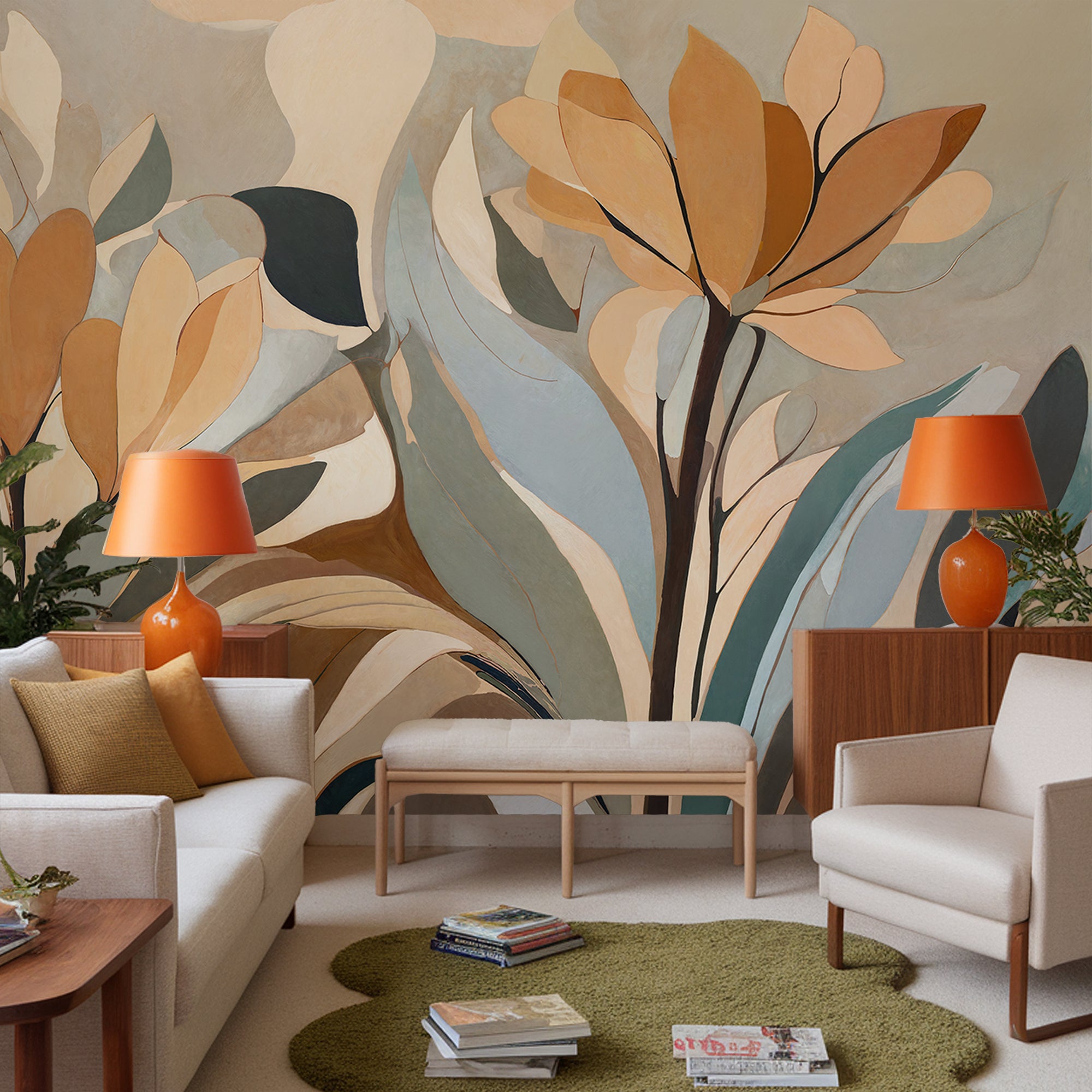 Wall Mural - Mid-Century 70's Floral - Traditional Wallpaper (Paste-the-wall) - Made to Measure