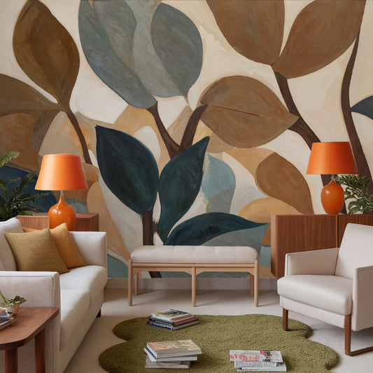 Living room with leaf-patterned wall, sofa, chairs, and lamps.