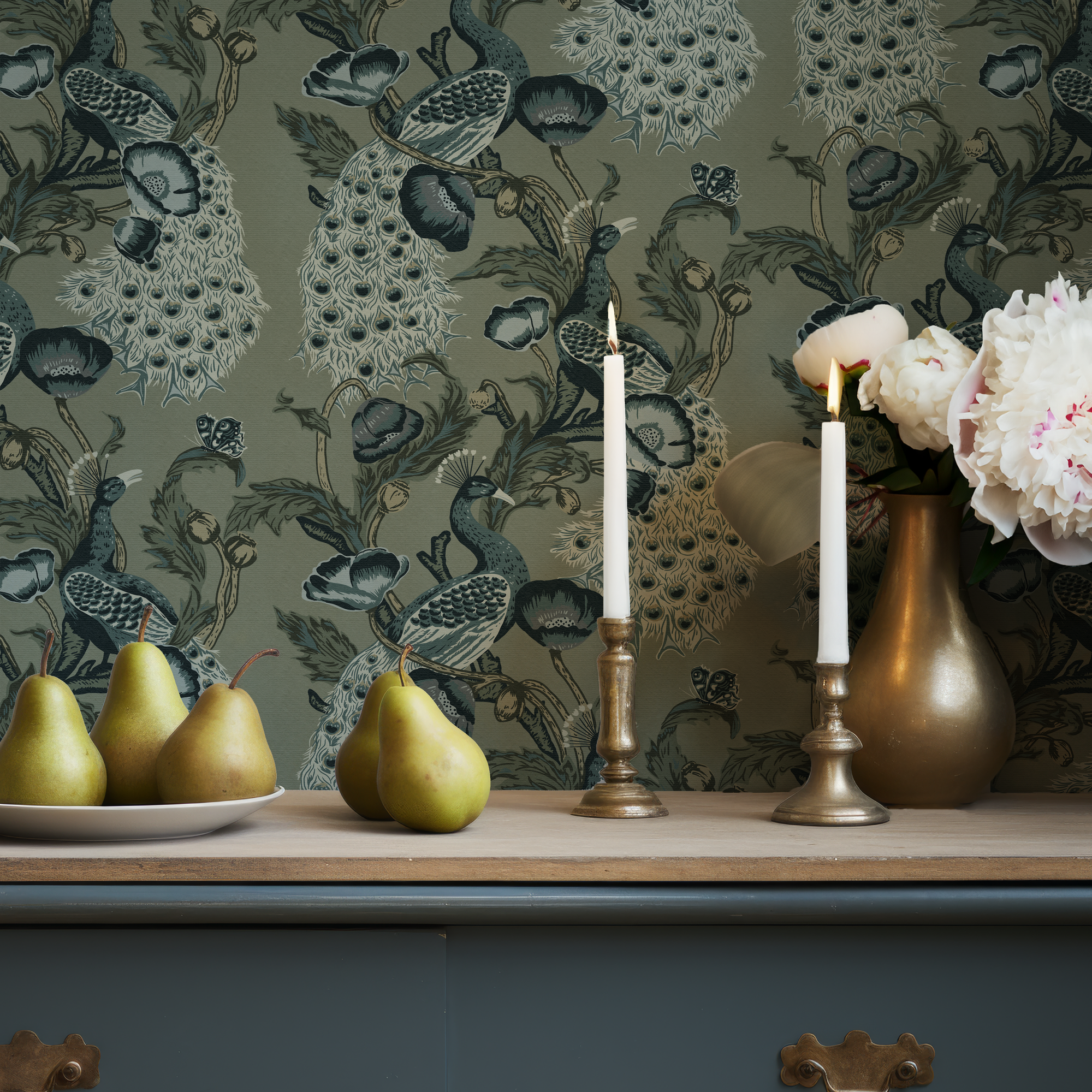 Wall Mural - Vintage Moody Floral Peacock Pattern - Removable Wallpaper (Peel & Stick) - Made to Measure