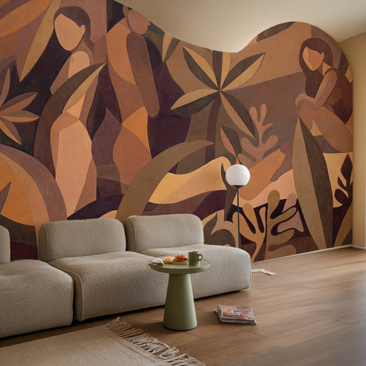 Living room with a large abstract mural on the wall, featuring people and nature.