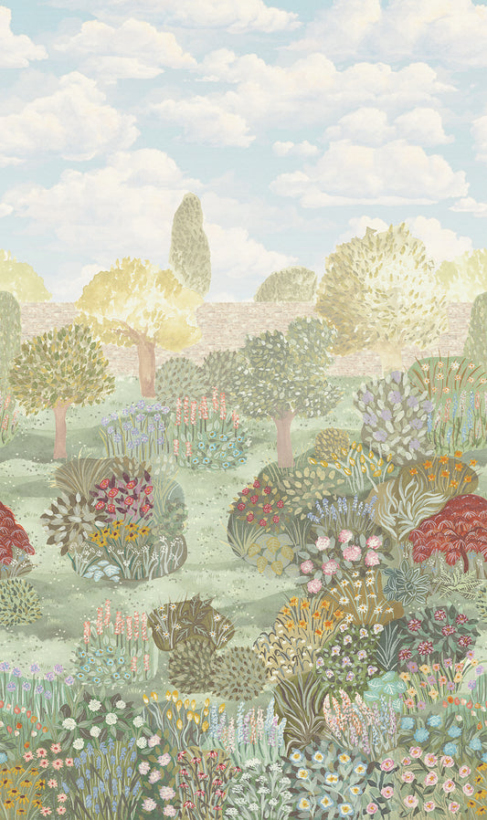 Colorful illustration of a garden with flowers and trees under a blue sky.