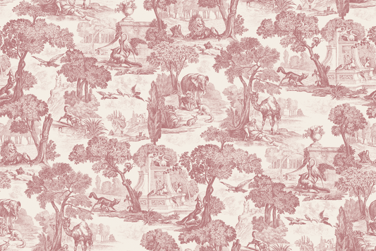 Lottie wallpaper, patterned wallpaper with pink and white design of trees, animals, and buildings.