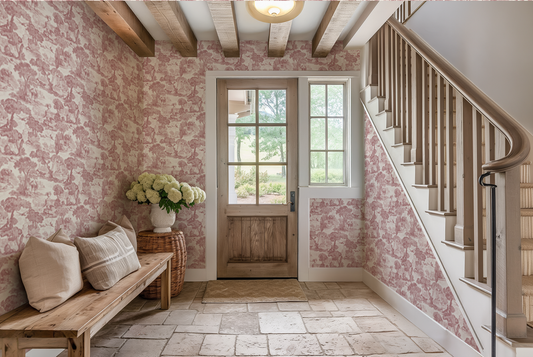 Foyer with pink floral wallpaper, wooden bench, and staircase.