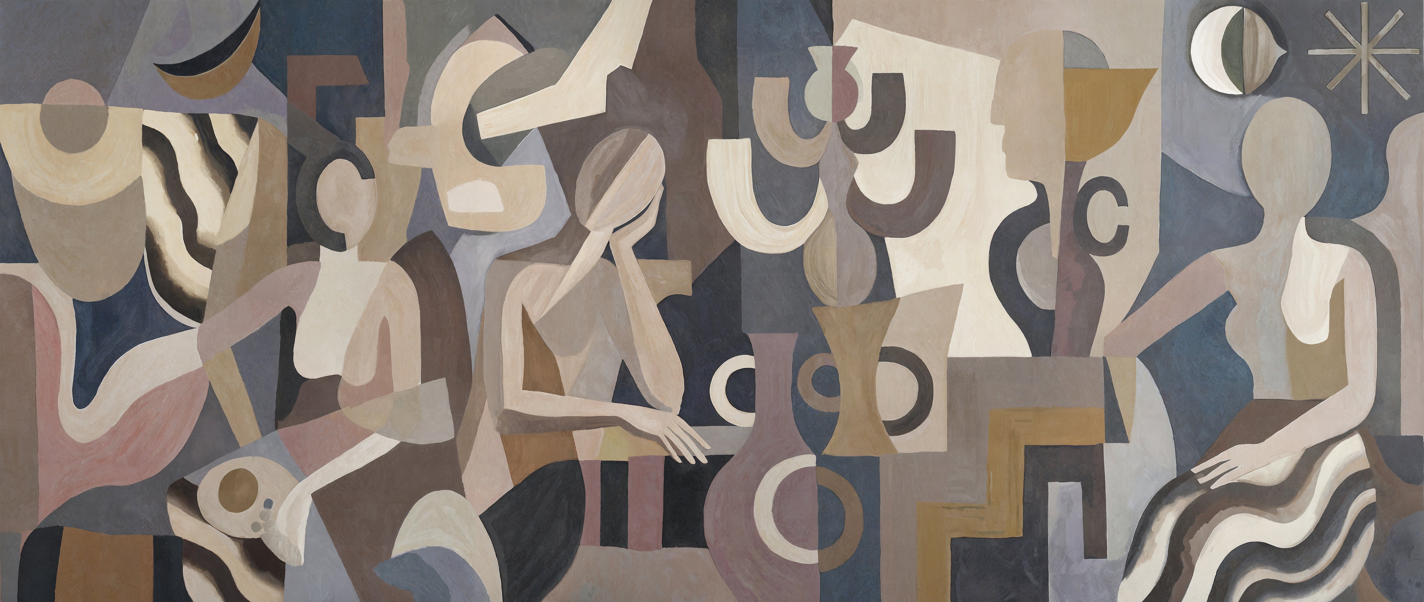 Abstract artwork with geometric shapes and figures in earth tones