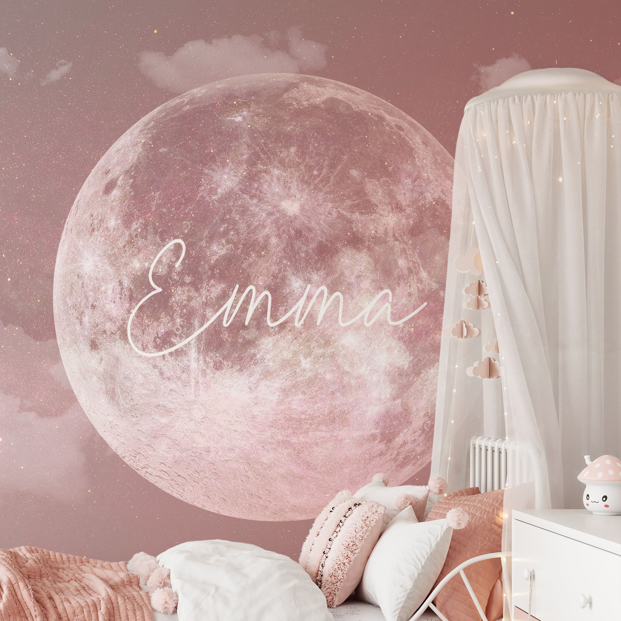 Wall Mural - Personalised Kid's Pink Moon in Space - Traditional Wallpaper (Paste-the-wall) - Made to Measure