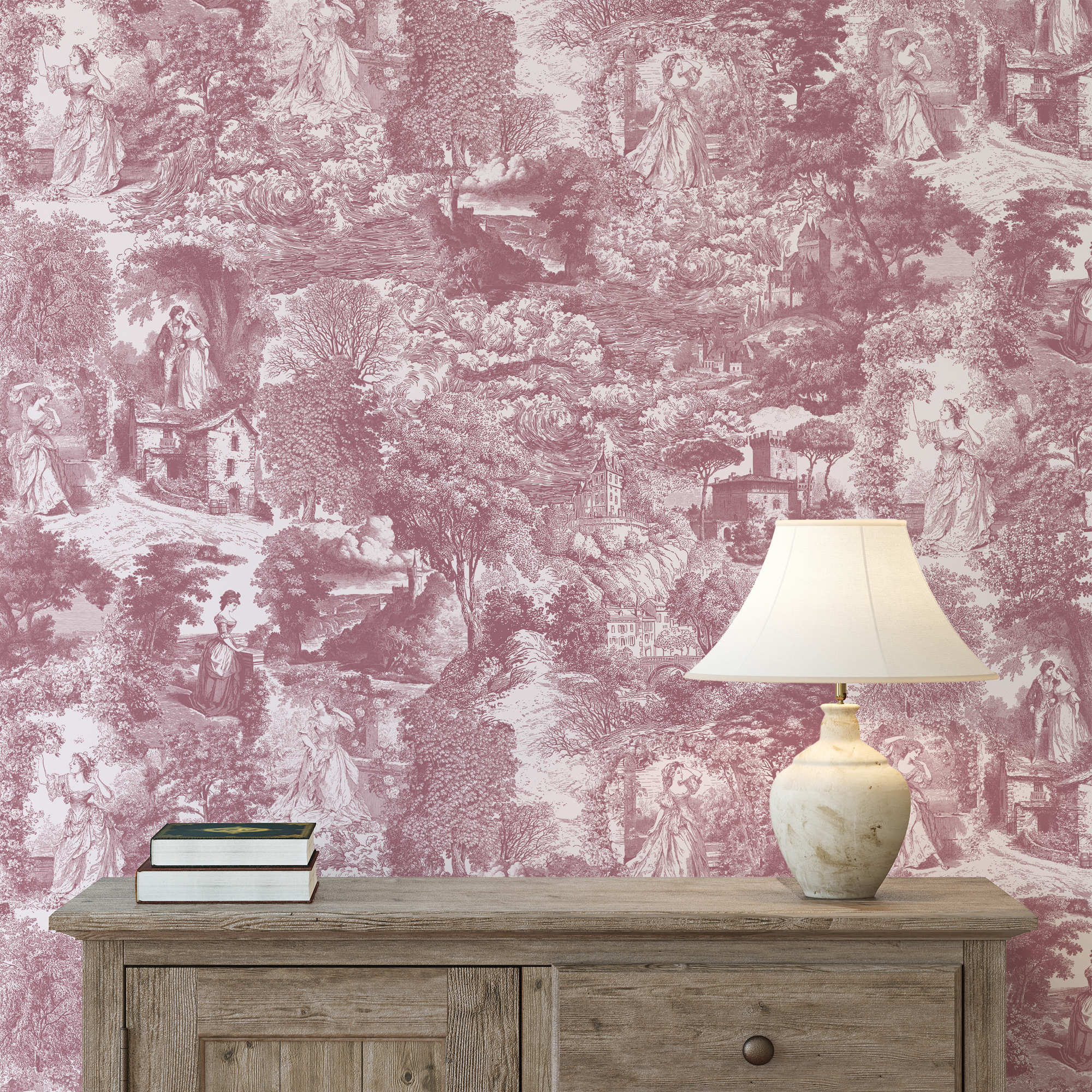 Wall Mural - Dusty Rose Timeless Romantic Toile Pattern - Removable Wallpaper (Peel & Stick) - Made to Measure