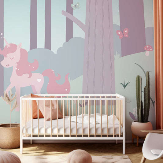 Magic Woodland Wallpaper In Child's Bedroom With Peach Pillows And Beige Plants