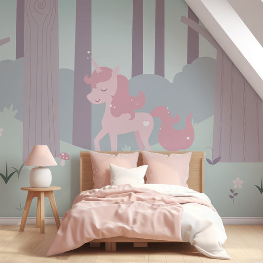 Magic Woodland Wallpaper In Girl's Bedroom With Peach Pink Bed