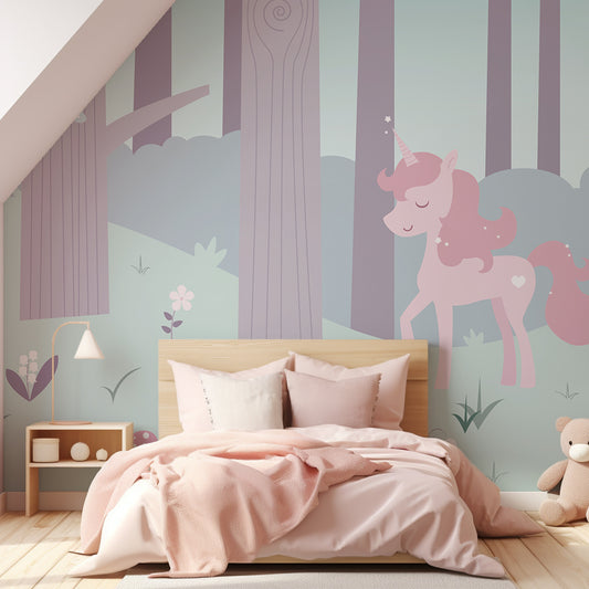 Magic Woodland Wallpaper In Girl's Bedroom With Small Teddy To The Side