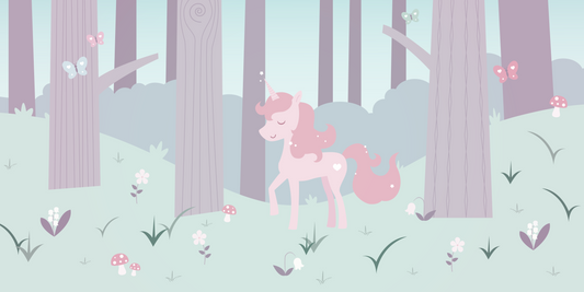 Magic Woodland - Pink Unicorn In Mystical Forest Wallpaper Mural