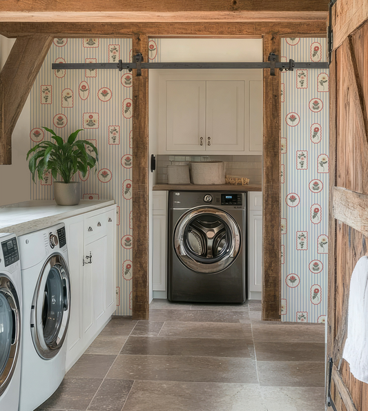 floral stamp wallpaper in a laundry room 