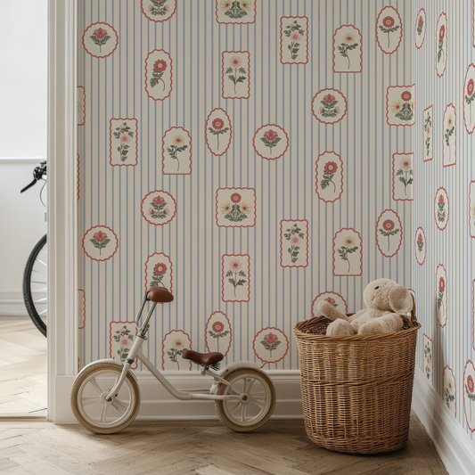 Floral stamp wallpaper in a children's play room 