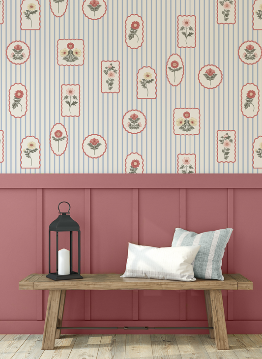 Floral stamp wallpaper in a hallway with a wooden bench