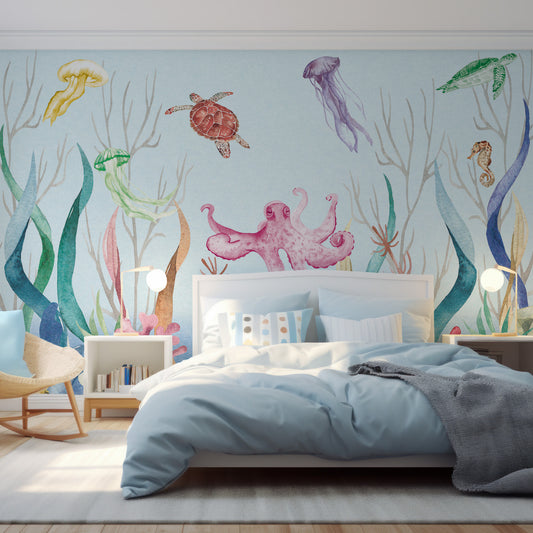 Marine Marvels In Boy's Bedroom With Light Blue Bed And Two Lamps