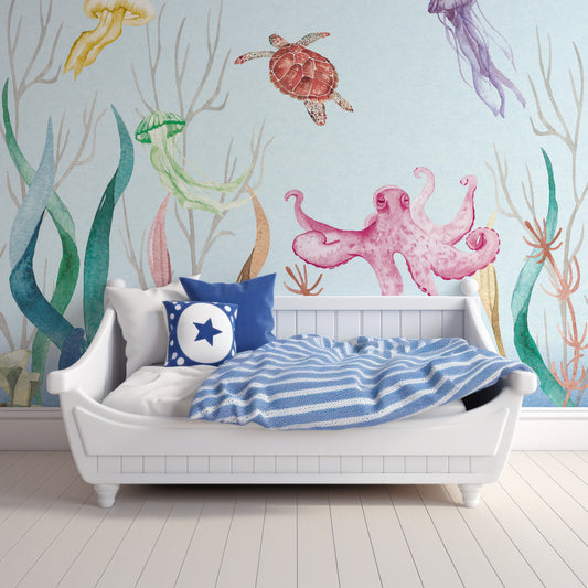 Marine Marvels In Children's Room With White Wooden Bed Couch With Blue And White Cushions