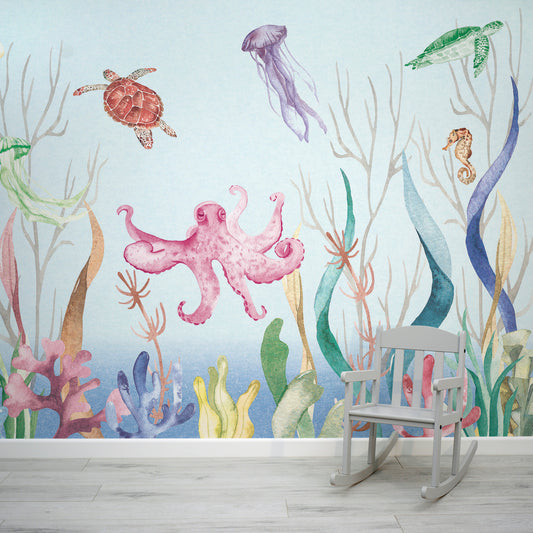 Marine Marvels Colourful Sea Creature Underwater Scene Wallpaper with Baby Chair