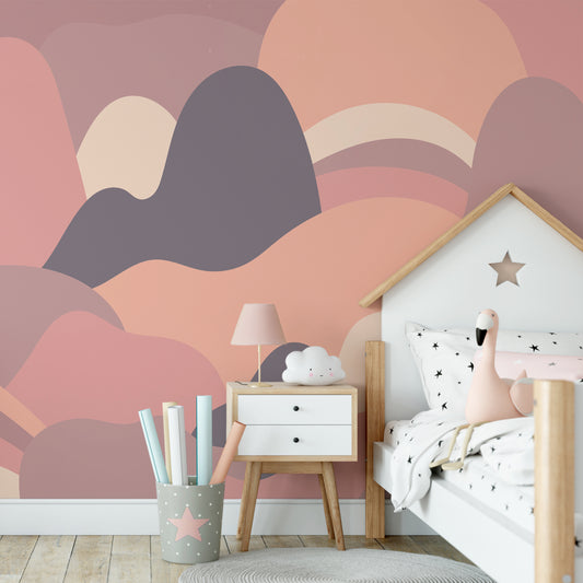 Mellow Curved Horizon wallpaper in girls bedroom with star bedding on wooden bed with pink plush flamingo with side table with little cloud toy