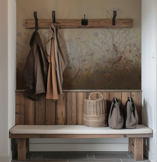 Meryl Wallpaper in a Entryway with wooden bench, coat hooks, and wall art