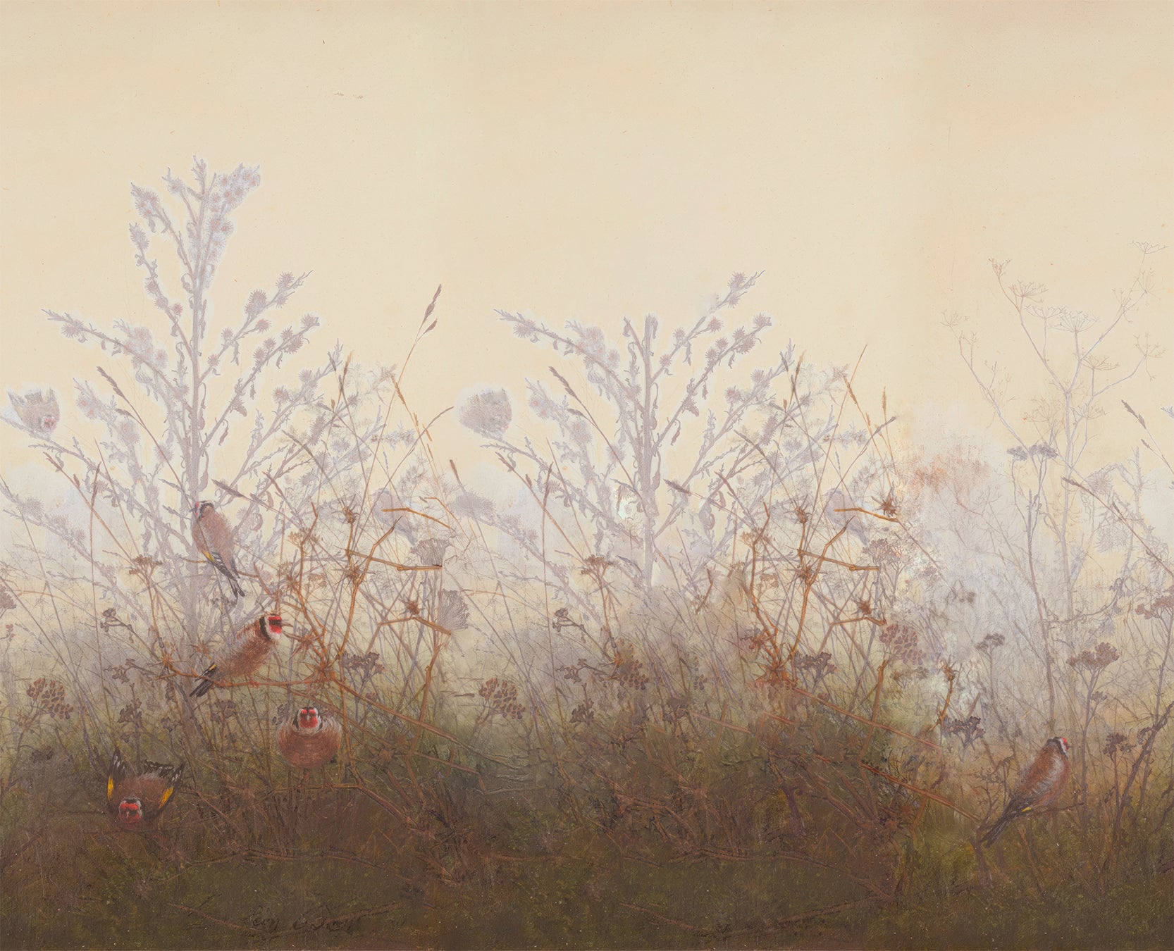 Meryl Wallpaper Painting of birds perched on branches with a misty background