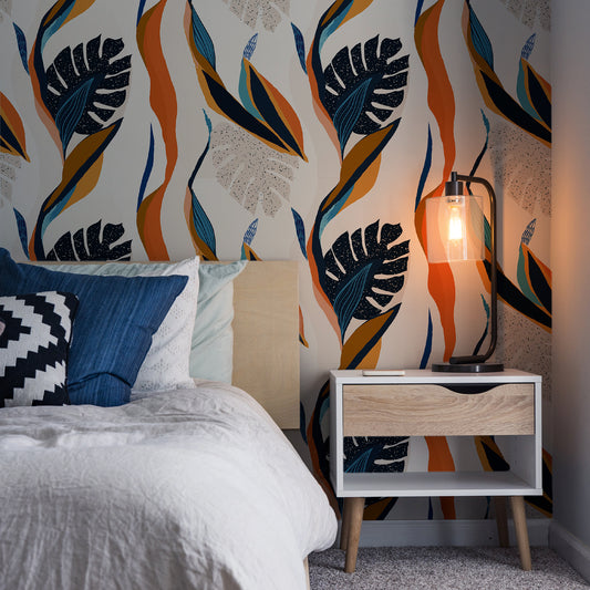 Midnight Monstera Wallpaper In Bedroom With Blue Bed With Side Light On