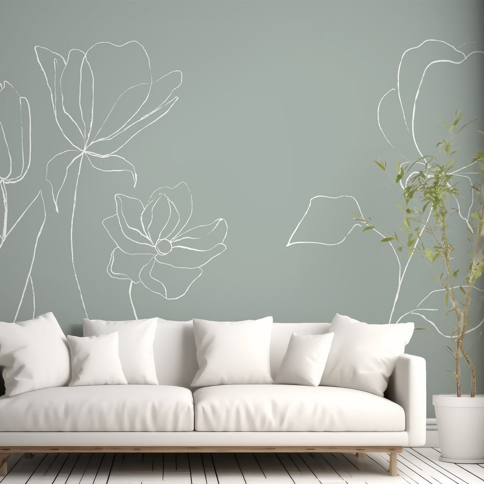 Papier peint à fleurs minimales dans le salon avec canapé blanc et plante verte dans un pot de plante blanc