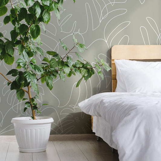 Minimal Monstera Green Wallpaper In Bedroom With Large Green Plant