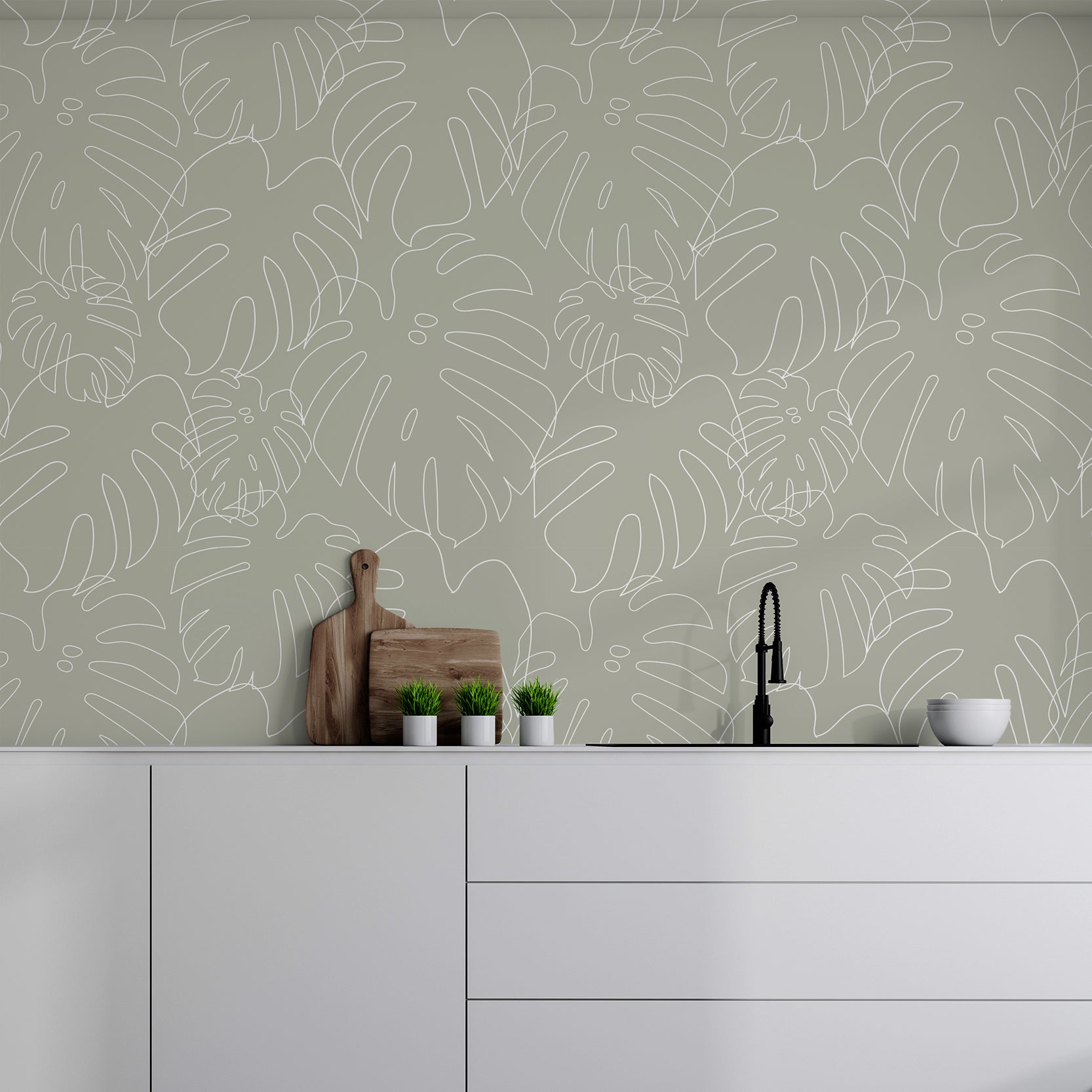 Wall Mural - Green Minimalistic Monstera Leaf Outlines Wallpaper - Removable Wallpaper (Peel & Stick) - Made to Measure