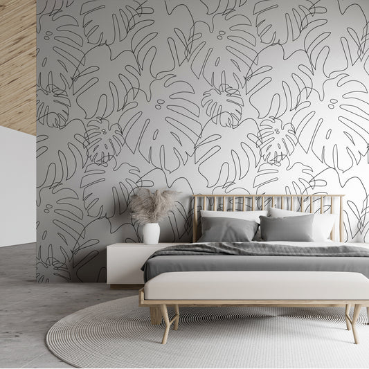 Minimal Monstera Mono Wallpaper In Bedroom With Grey Bed