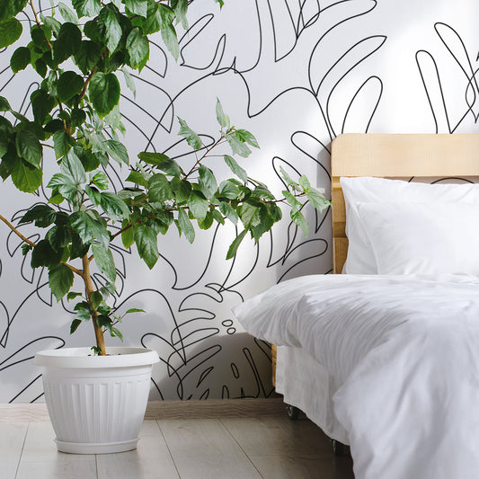 Minimal Monstera Mono Wallpaper In Bedroom With Large Green Plant