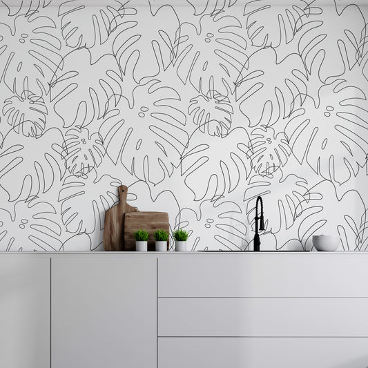Minimal Monstera Mono Wallpaper In Kitchen With White Worktops