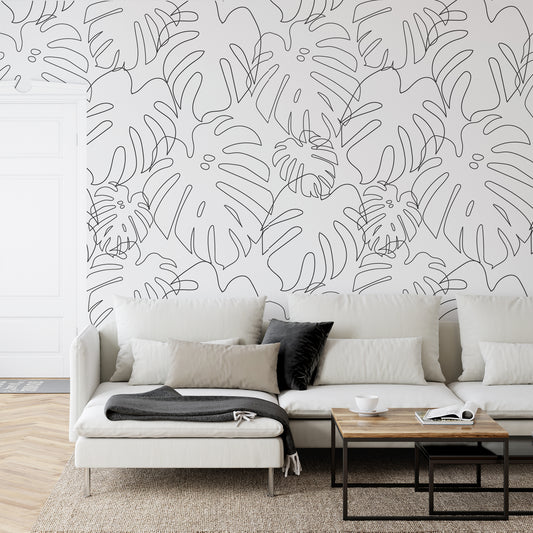 Minimal Monstera Mono Wallpaper In Living Room With White Sofa