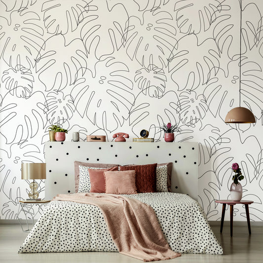 Minimal Monstera Mono Wallpaper Ladies Bedroom With Polka Dot Bed