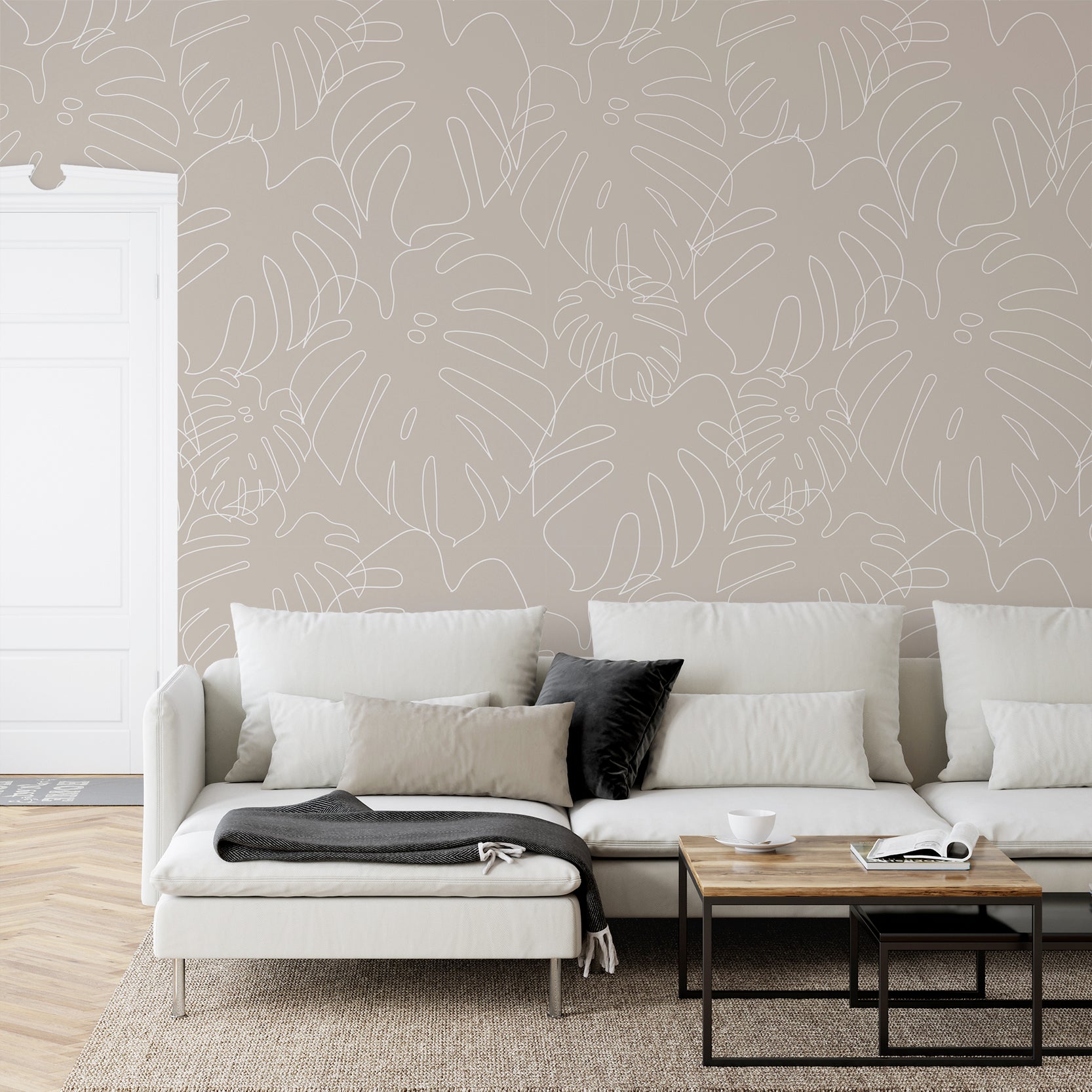 Wall Mural - Beige Minimalistic Monstera Leaf Outlines Wallpaper - Removable Wallpaper (Peel & Stick) - Made to Measure
