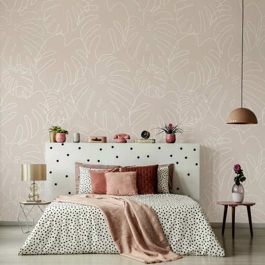 Minimal Monstera Sand Wallpaper Ladies Bedroom With Polka Dot Bed